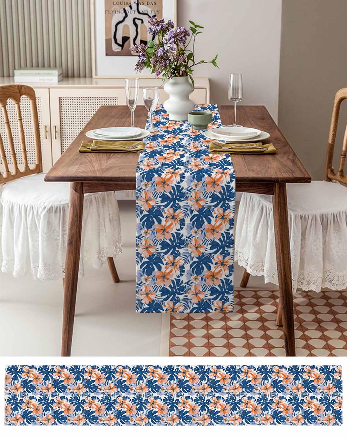 Amazon.com: Table Runner Orange Flowers Navy Blue Leaves